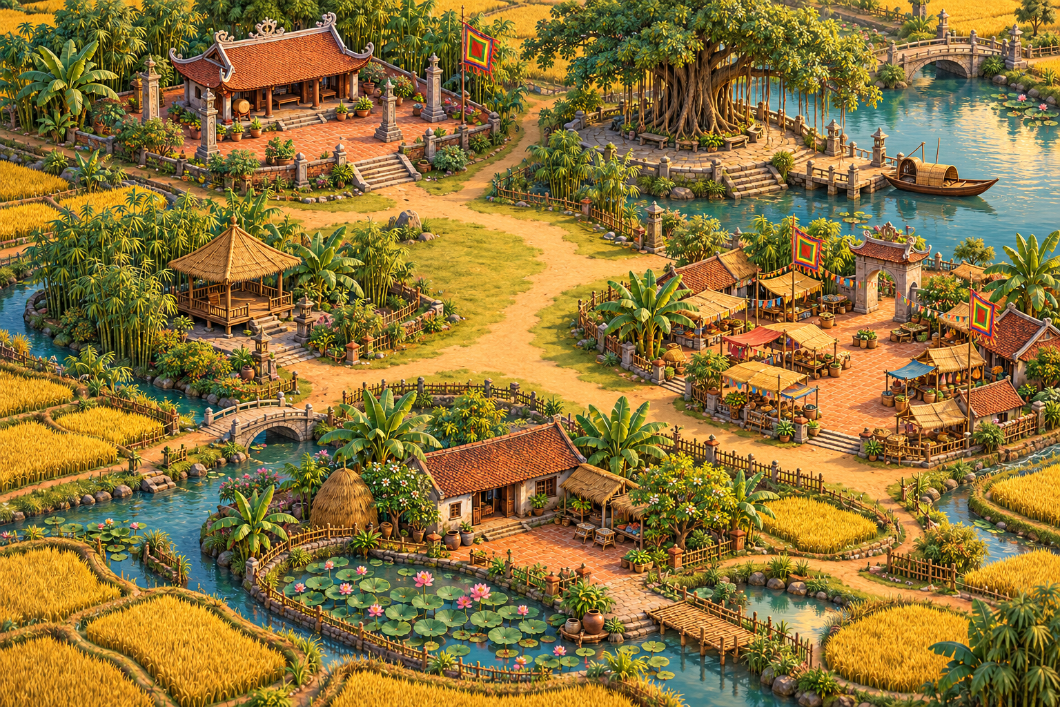 Bản đồ làng Việt phối cảnh 3D với sân đình, lũy tre, cây đa bến nước, hội chợ và xóm nhà cạnh hồ sen